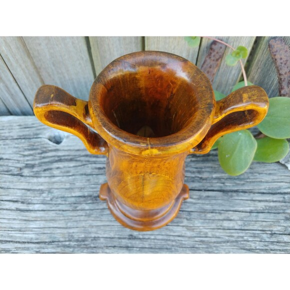 Vintage Milled Wood Trophy Cup Vase, Mod Dry Flower Vase Wood Home Decor - Picture 7 of 10
